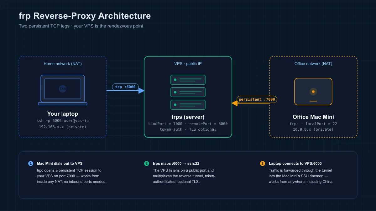 frp reverse-proxy architecture — home laptop and office Mac Mini meet at your VPS through two persistent TCP tunnels